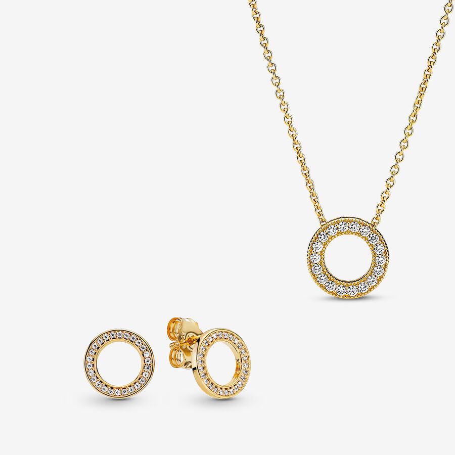 Pandora Golden Pave Circle Halsband & Örhängen Set Olika Färger | 142XEVPWL