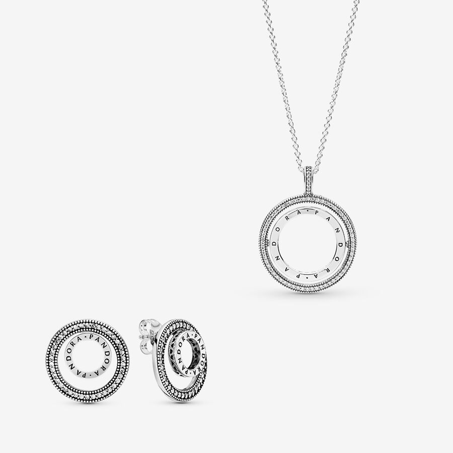 Pandora Logo Circle Halsband & Örhängen Set Olika Färger | 413RELTMZ