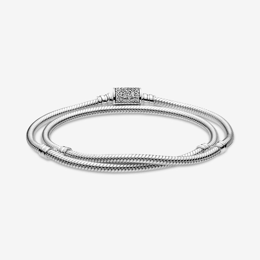 Pandora Moments Double Wrap Barrel Clasp Snake Kedja Silver | 698UDHGWZ