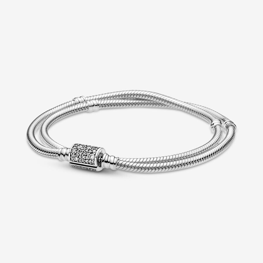 Pandora Moments Double Wrap Barrel Clasp Snake Kedja Silver | 698UDHGWZ