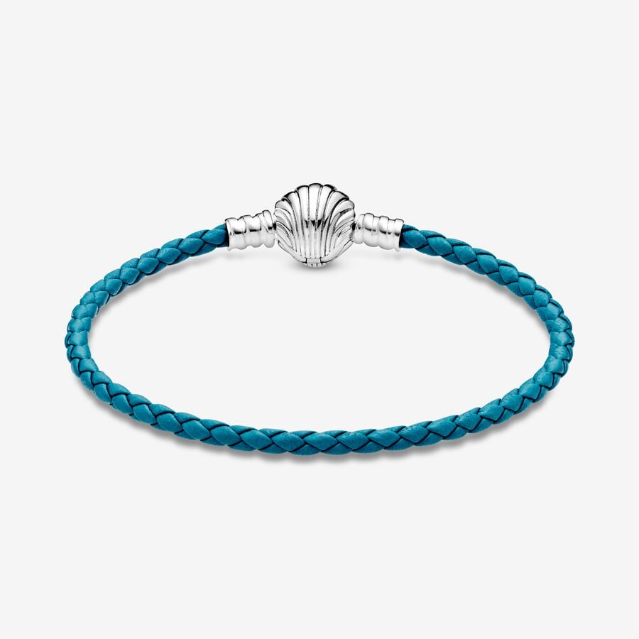 Pandora Moments Seashell Clasp Turquoise Braided Leather Silver | 658AEKTXM