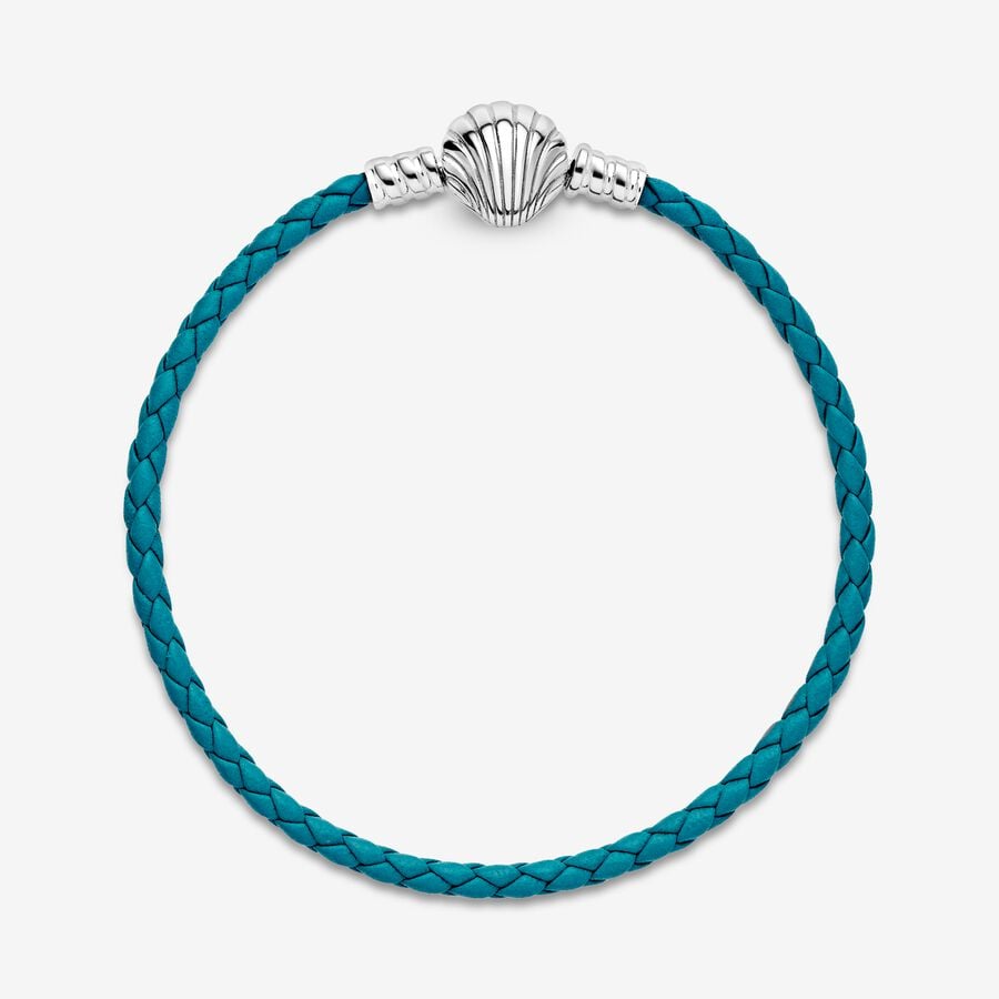 Pandora Moments Seashell Clasp Turquoise Braided Leather Silver | 658AEKTXM