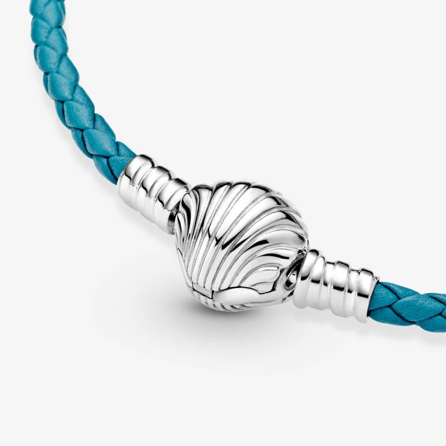 Pandora Moments Seashell Clasp Turquoise Braided Leather Silver | 658AEKTXM