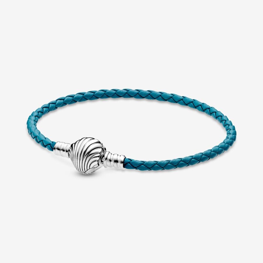 Pandora Moments Seashell Clasp Turquoise Braided Leather Silver | 658AEKTXM