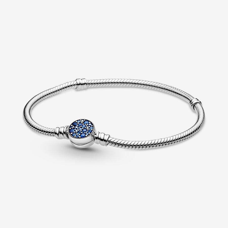 Pandora Moments Sparkling Blue Disc Clasp Snake Kedja Silver | 415ZGNKWO