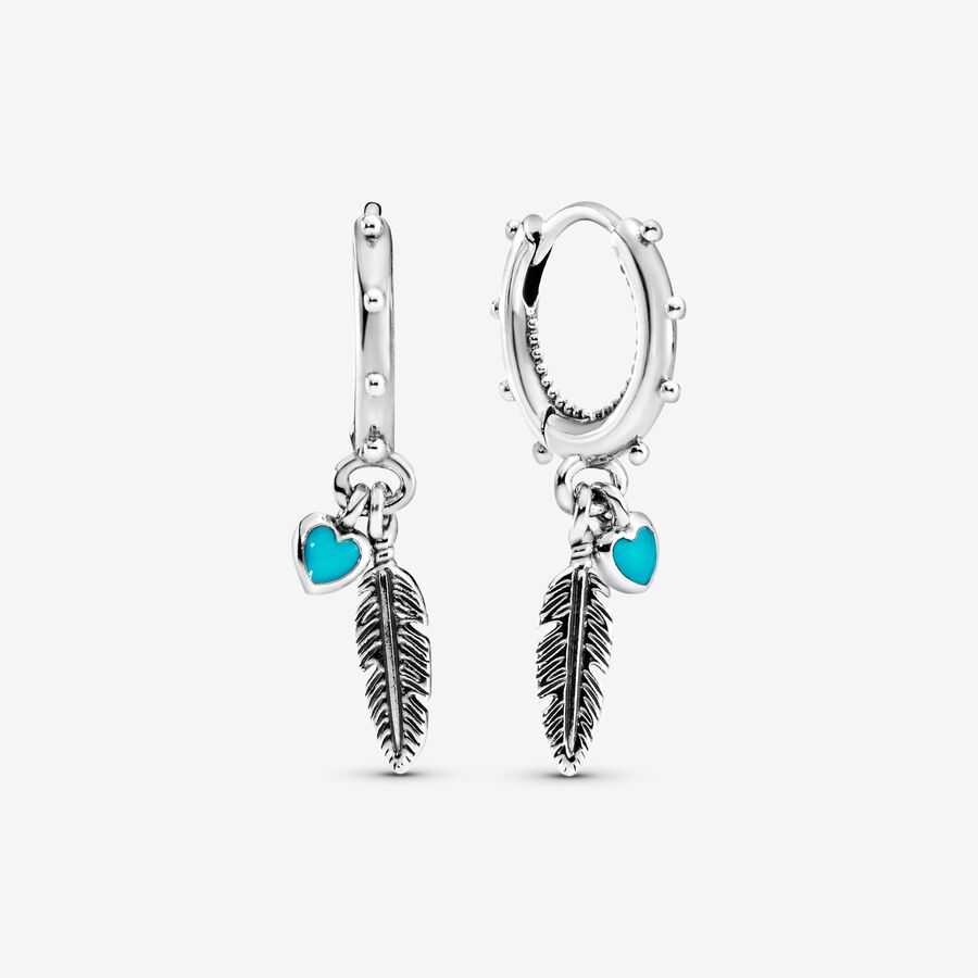 Pandora Turquoise Hearts Feather Släppa Silver | 374VOUAIE