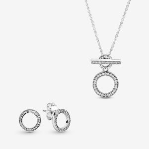 Pandora Double T-Bar Halsband & Örhängen Set Olika Färger | 320YHOUKP