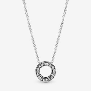 Pandora Logo Pave Circle Collier Kedja Silver | 170JUVYES