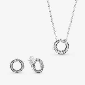 Pandora Pave Logo Circle Halsband & Örhängen Set Olika Färger | 032TUWCKS